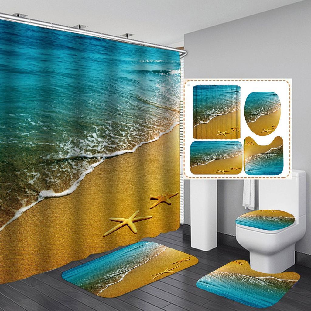 4ks Beach Starfish Series Sady sprchových závěsů do koupelny Protiskluzové Koupelnové koberečky Víko WC Kryt Koupelnová předložka