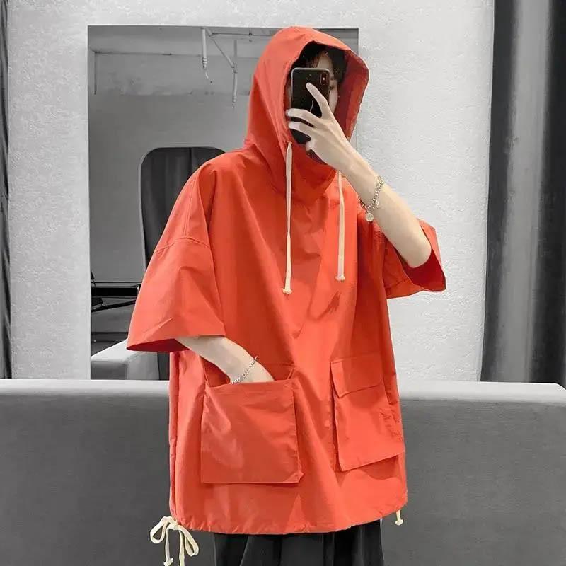 Summer and Autumn Hooded Short-sleeved T-shirt Men's Korean Version Half-sleeved Sweater Men's All-match Student Loose Hooded 5-point Sleeve Top