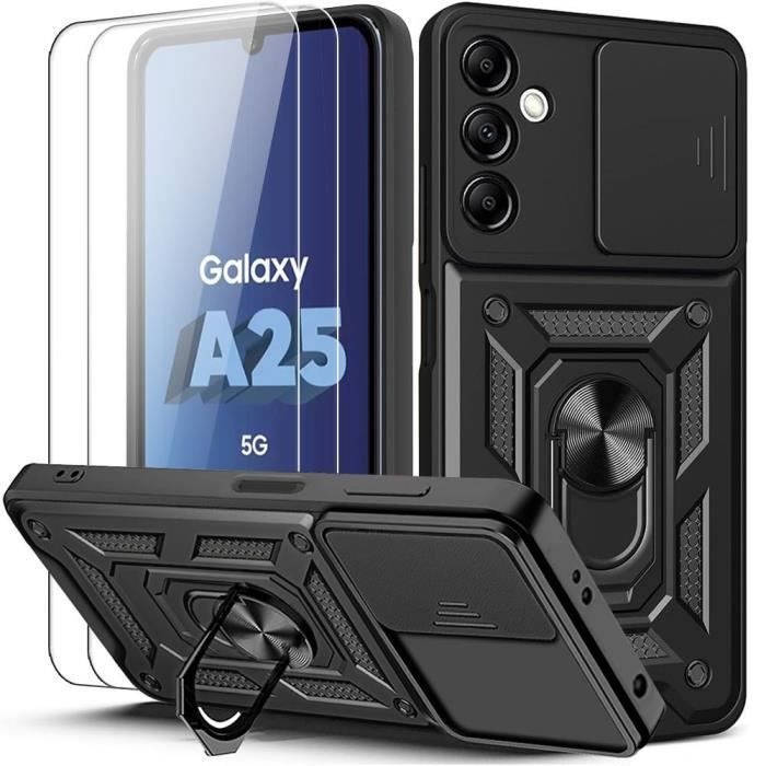 Coque pour Samsung Galaxy A25 5G, Noir, Antichoc en PC + TPU avec Protège-caméra et Support Rotatif + 2 Verres Trempés