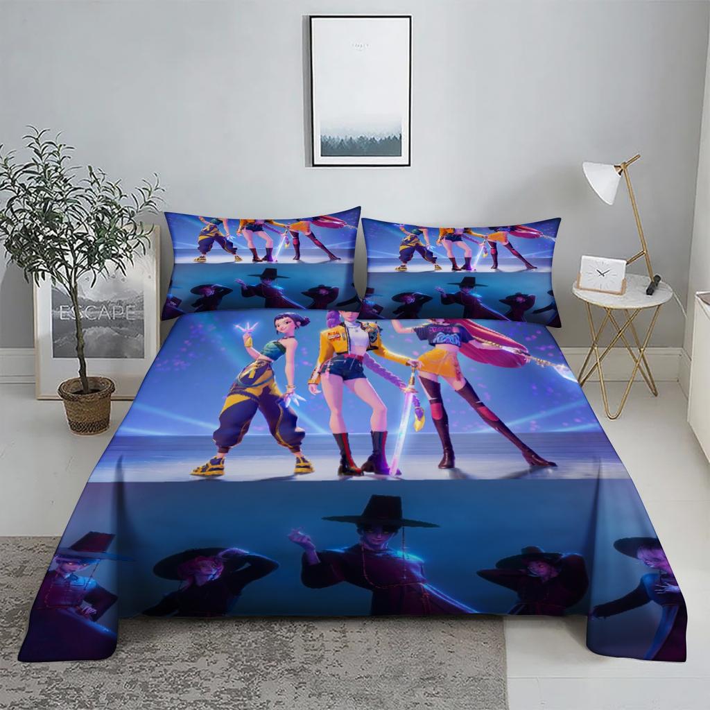 ZOEY RUMI ZIRA D-Demon Hunters K-pop Bed Sheet Set 3D Printed Bed Flat Sheet With Pillowcase Bed Linen King Queen Size