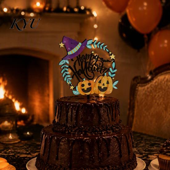 Party Favors for Halloween Cake Topper, Acrylic Castle Bat Skull Cupcake Decoration Party, Decorations Spooky Birthday Insert with Pumpkin Ghost,