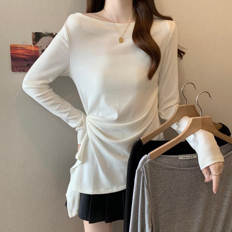 

Plus Size Pleated Waist Long Sleeve Asymmetrical Hem Pullover Top XL Plus белый