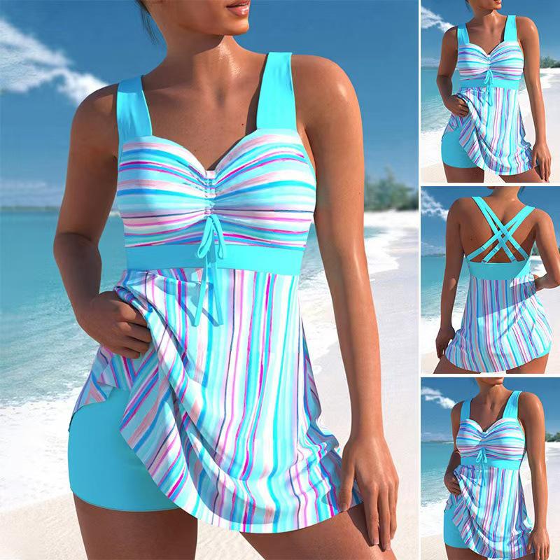 European & American 2025 Striped Ruched Tankini & High-Waisted Boy Shorts for Women