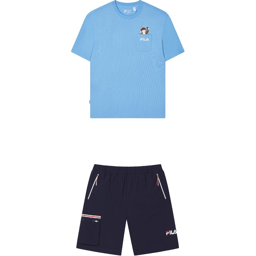 

FILA Comfortable Soft Cartoon Anime Short Sleeve Mid Waist Five Point Pants Casual Sports Set Men sets F51M429103F-BU+F11M439805F-DB L