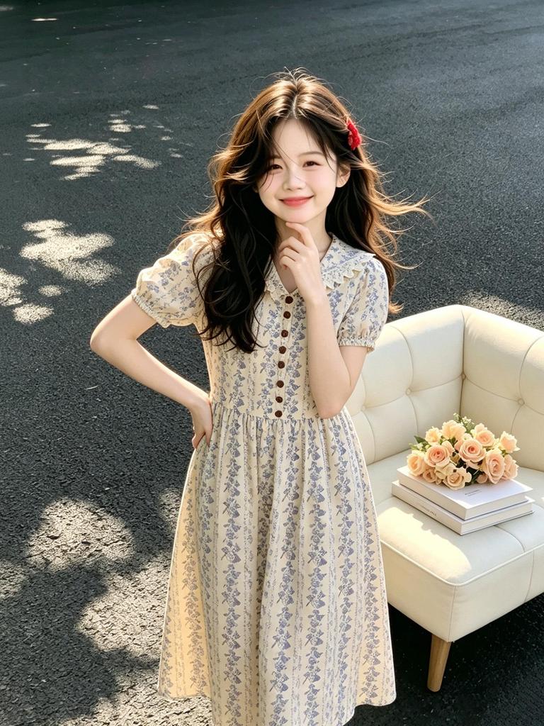 Girl's Elegant Blue & White Floral Lapel Summer Dress 2026