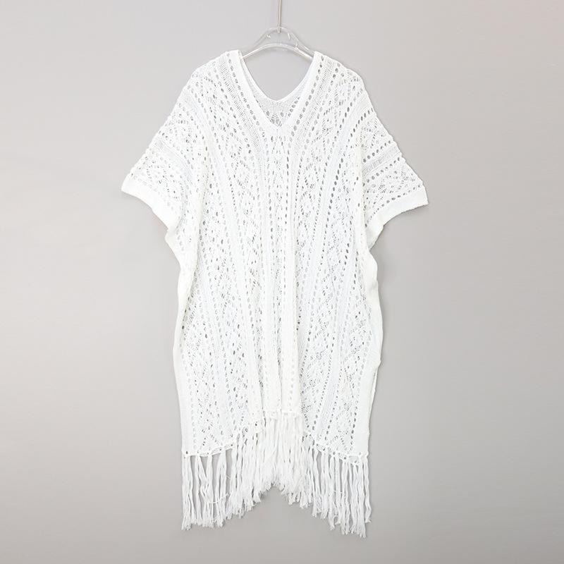 Letní dámský volný dutý střapcový pletený top s výstřihem do V středně dlouhý plážový dovolenkový plavkový plážový přehoz
