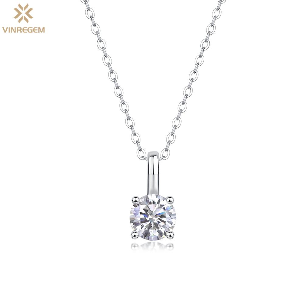 

Vinregem, 100% серебро 925 пробы, VVS1 3EX D, цвет круглой огранки, 1 карат, настоящий муассанит, бриллиант, драгоценный камень, простое ожерелье с подвеской, изысканные ювелирные изделия для женщин GRA chain length-45cm белый