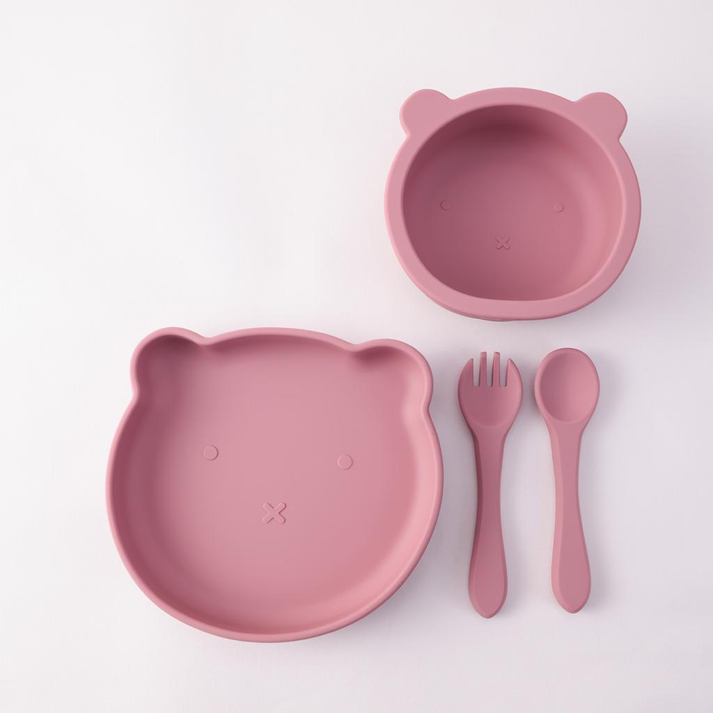 Color Kids 4PCS Silicone Feeding Tableware Set Baby Newborn Items Sucker Dishes Spoon Fork Bowls Food Training Essentials