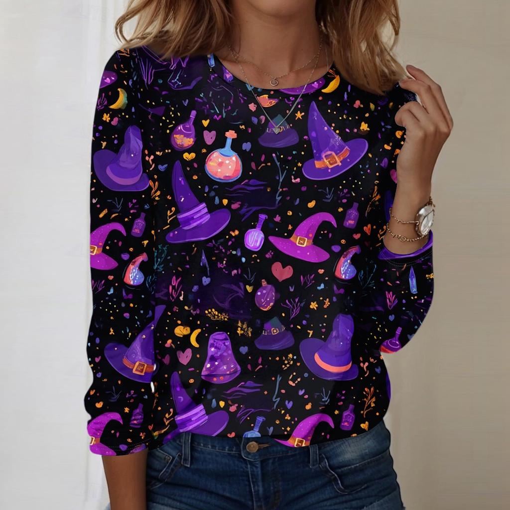 Damen Halloween bedrucktes rundhalsiges lockeres langärmeliges Oberteil
