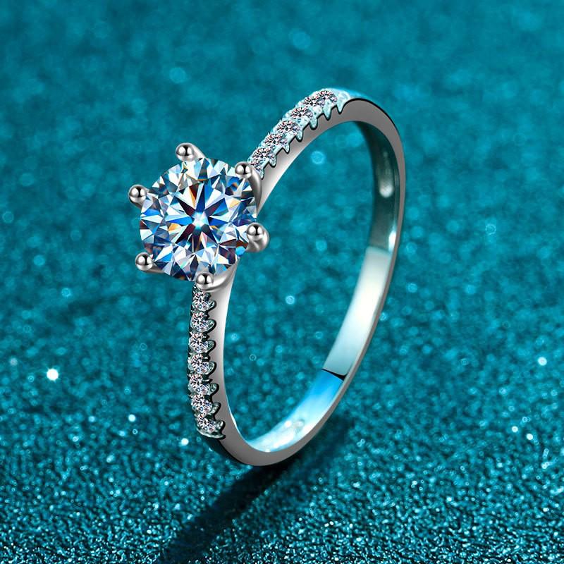Korean Style Women's S925 Sterling Silver Six-Prong Diamond Ring, One Carat Fashionable Band