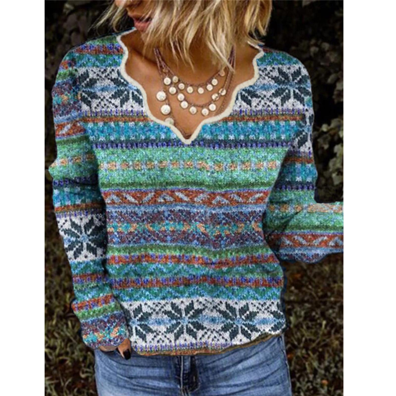 

Women Fashion Casual Blouse V-Neck Long Sleeve Multicolor Knitting Top (without Positioning Printing) XXL синий