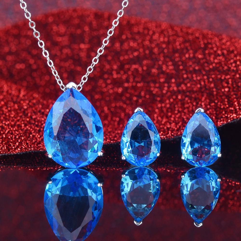 Elegant Women Jewelry Set Argyle Pink Diamond Earrings Colorful Gemstone Necklace Pear Drop Design