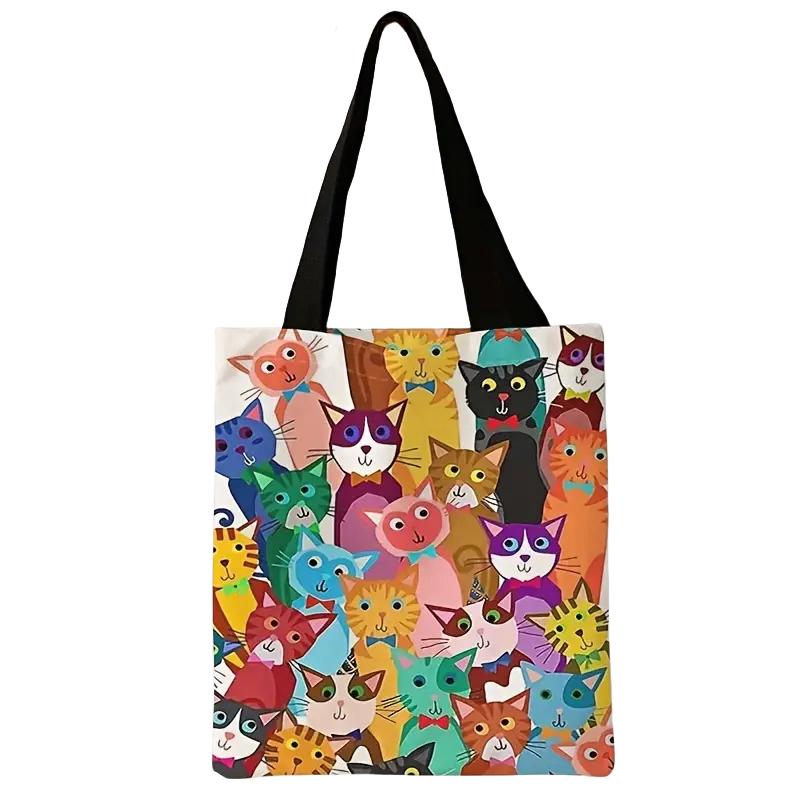 Colorful kitten pattern printed casual handbag, reusable fashionable backpack, multifunctional handbag, canvas shopping bag