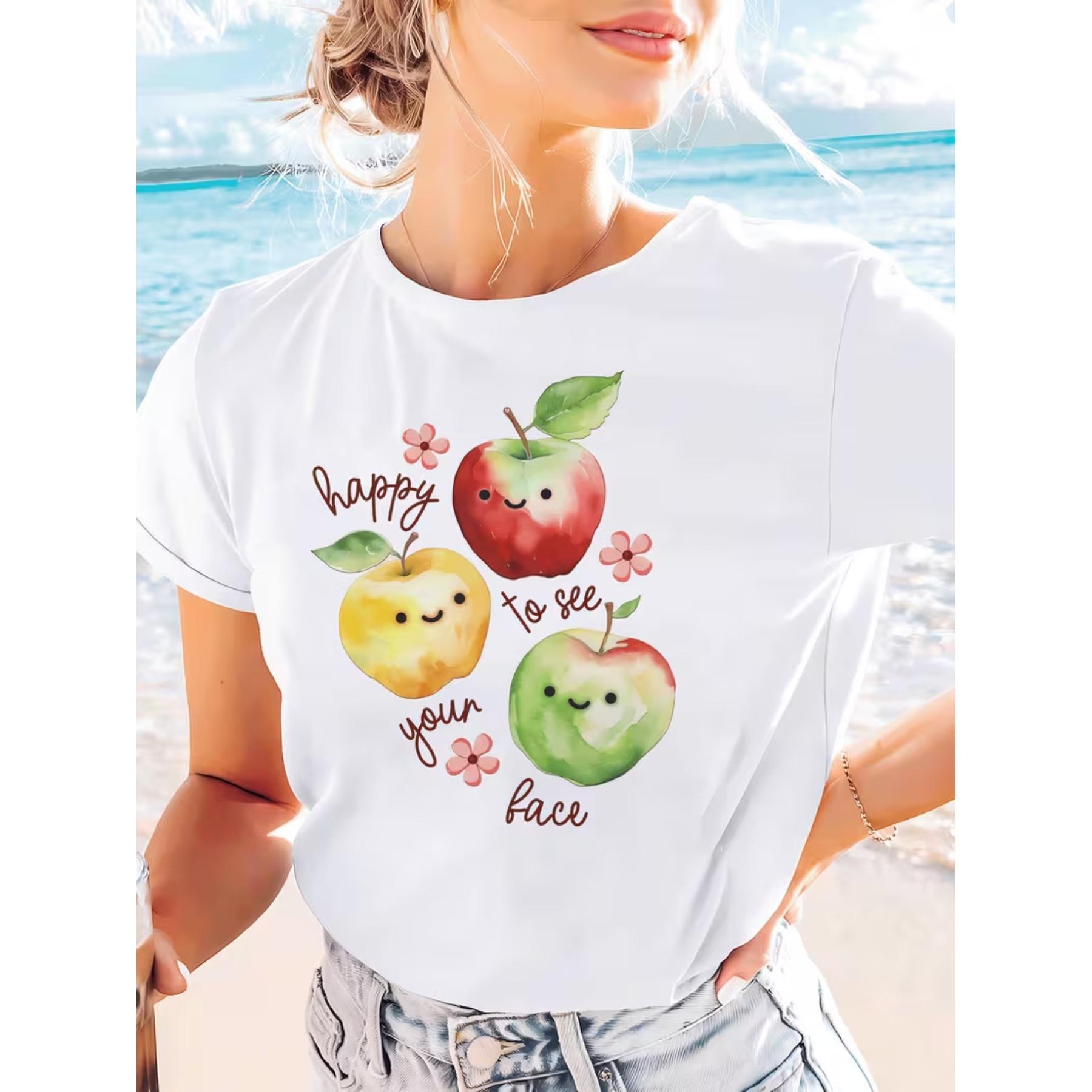 Happy To See Your Face Apple Positive Graphic Print T-shirt, Short Sleeve Crew Neck Casual Top for Summer & Spring, Women s Clothing S белый