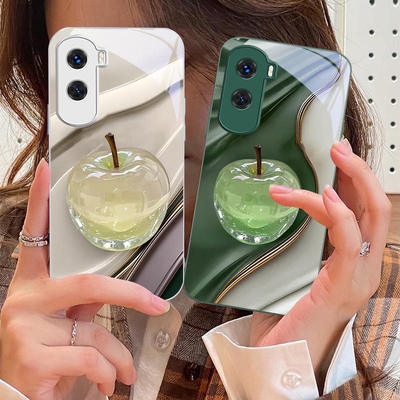 Transparent colored apple For Honor 200 90 8X 9X Pro Lite P50 P40 Nova 10 11i P60 Magic4 6 Mate 20 50 Tempered Glass Phone Case