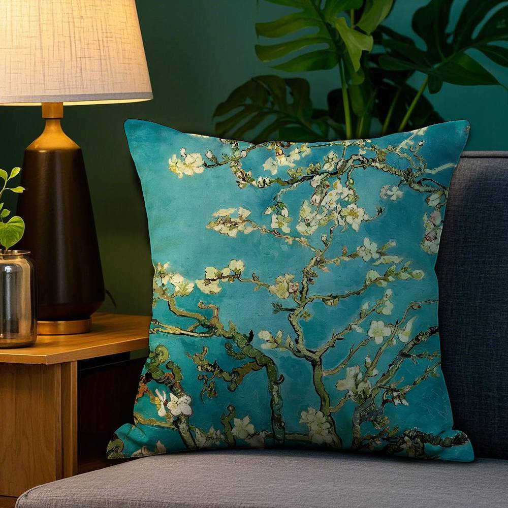 V-Van Gogh Oil Painting Print Pillow Case Anti-dustmite Pillowcase Invisible zipper silky short plush Sofa cushion cover