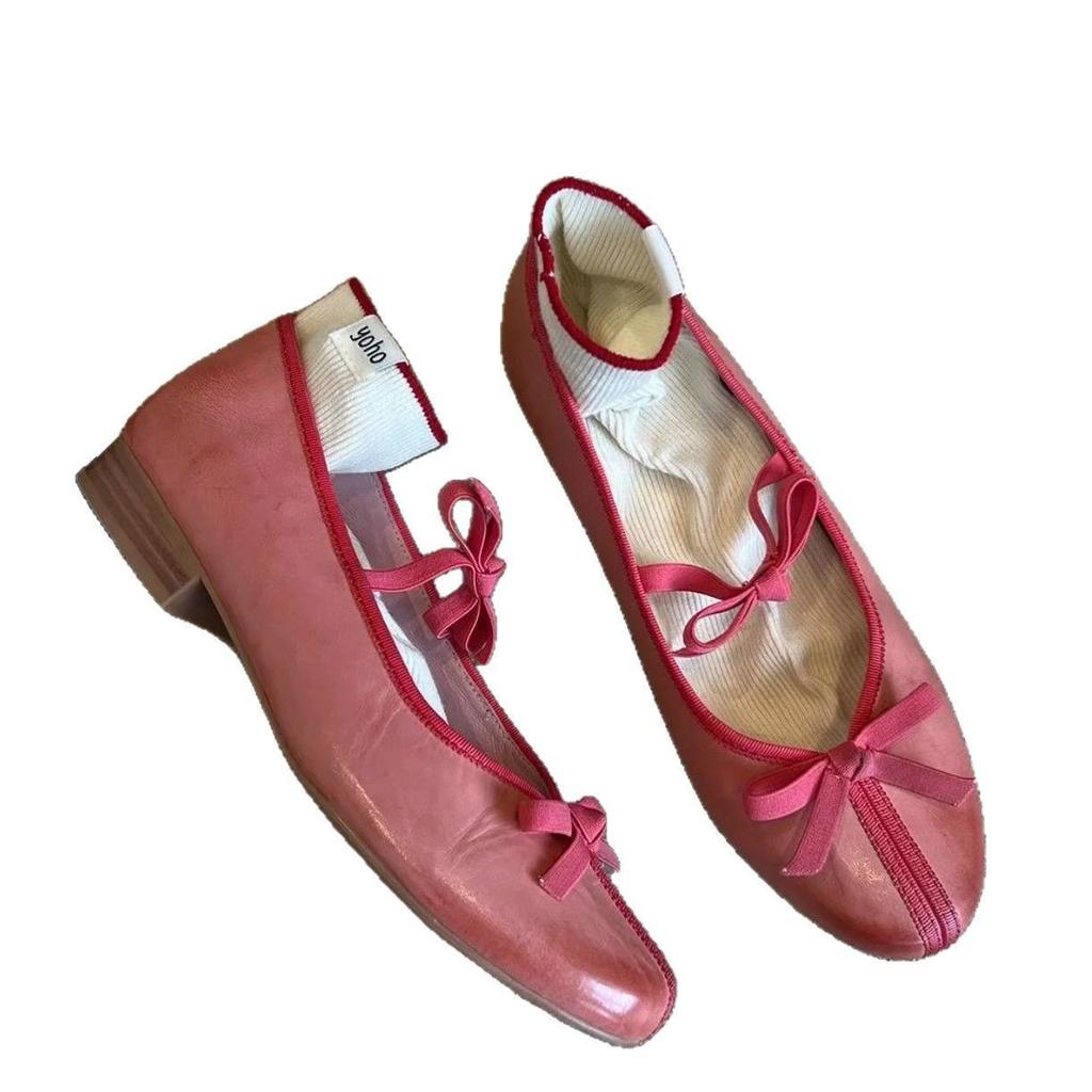 Sheepskin version~ Retro bow Mary Jane shoes women's round head elastic one-word strap ballet shoes light mouth low heel single shoes