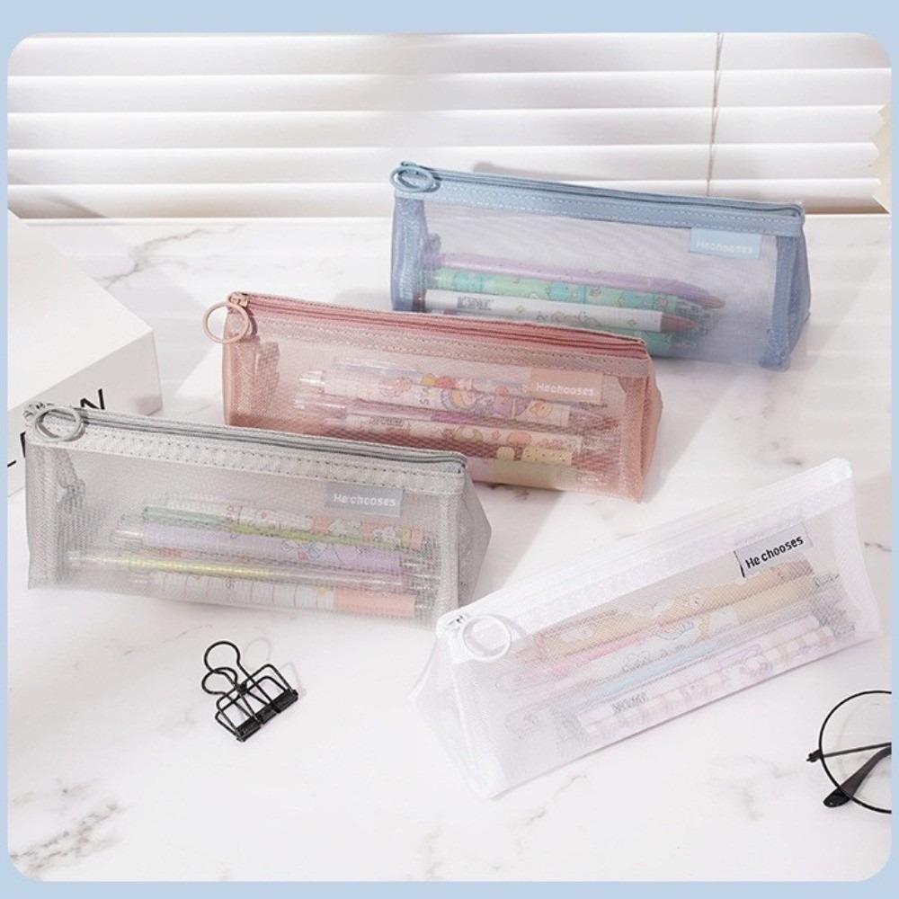 Stylish Nylon Mesh Pencil Case Solid Color with Zipper Stationery Bag Large Capacity Storage Bag Multi-Purpose Use