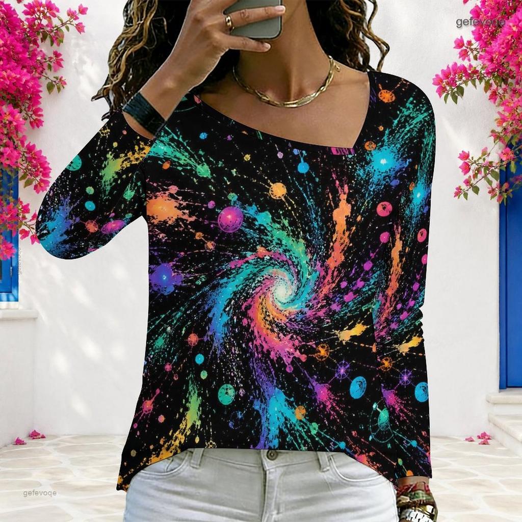Women Plus Size Long Sleeve V Neck Colorful Abstract Printed Casual T Shirt
