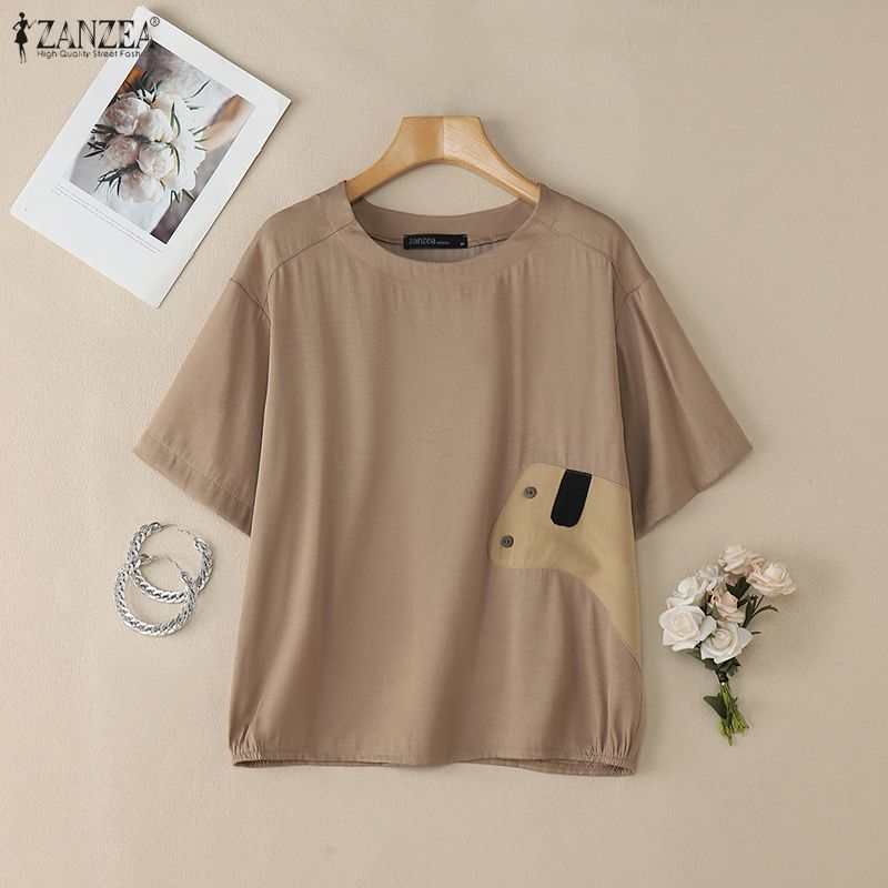 ZANZEA Bluză de vară cu mânecă jumătate și guler rotund, lejeră, casual, pentru femei