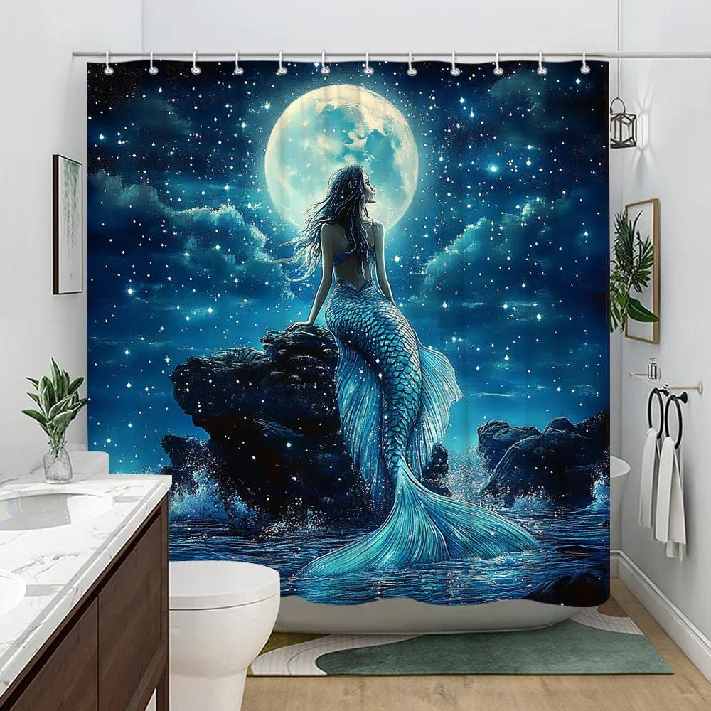 Ethereal Mermaid Under Full Moon Shower Curtain - Shimmering Turquoise Tail, Starry Night & Ocean Waves, Dreamy Fantasy Art