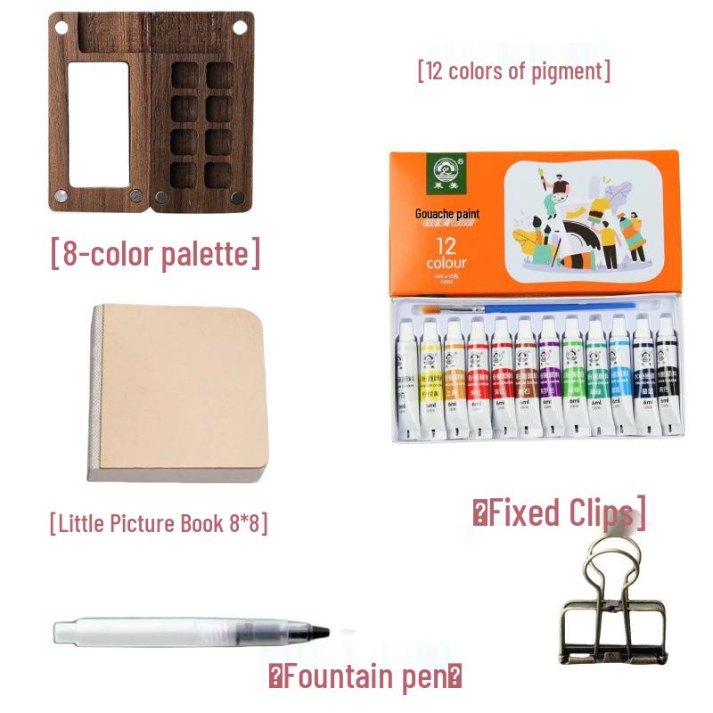 Portable Mini Watercolor Paint Box with Wooden Palette - Travel Sketchbook & Painting Toy