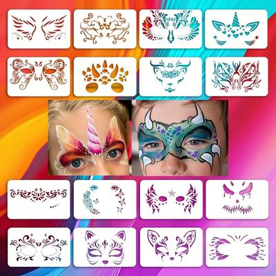 16pcs Reusable PET Face Painting Stencils, Assorted Designs for DIY Makeup,Costume Parties, Washable Stencils for Painting