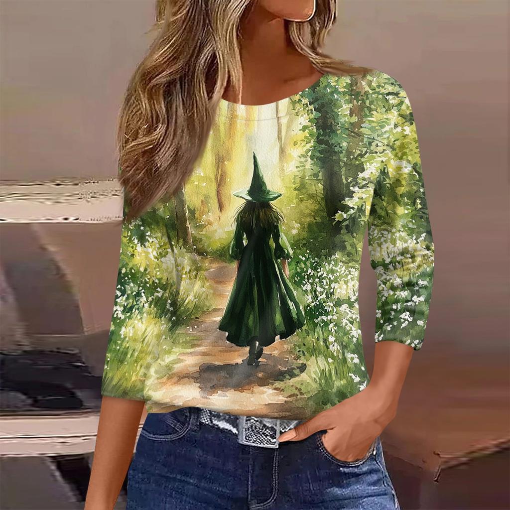 Women's Casual Halloween Print Neck 3/4 Sleeve T-Shirt Top
