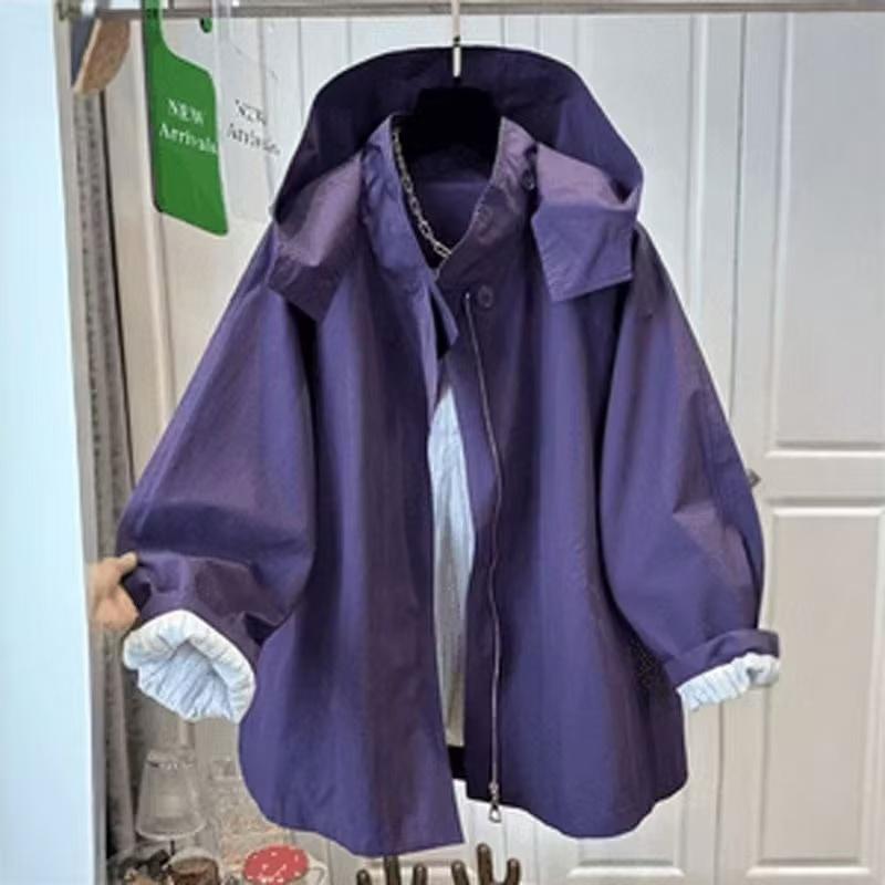 American Vintage Long Sleeve Hooded Trench Women Casual Wide-Waisted Zipper Utility Style Coat Button Patchwork 2025 Autumn
