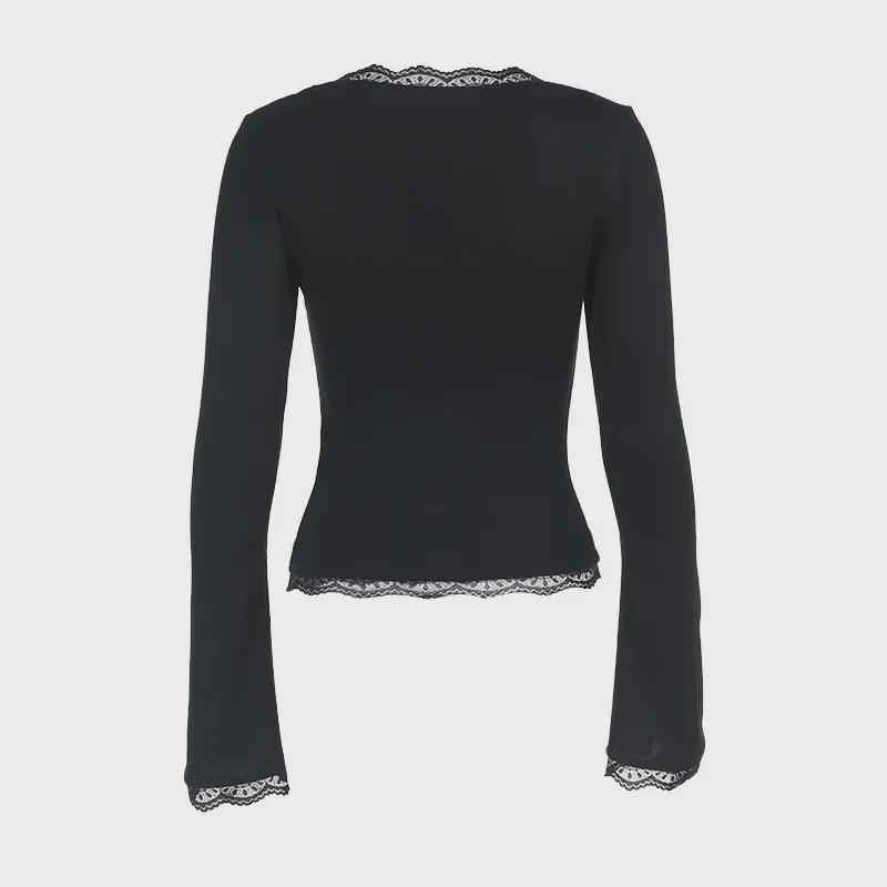 2025 Spring/Summer European & American Style Women's Sexy Slim Lace Long Sleeve Top