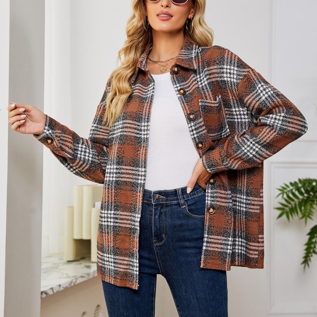 New Autumn and Winter Casual and Fashionable Pocket Loose Checked Woolen Coat for Women