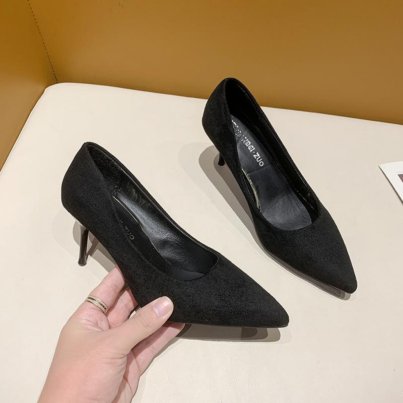 Fashion Spring and Autumn New Black Suede High Heels Female Shallow Mouth Pointed Toe Thin Heeled Sexy Temperament Dress Single Shoes