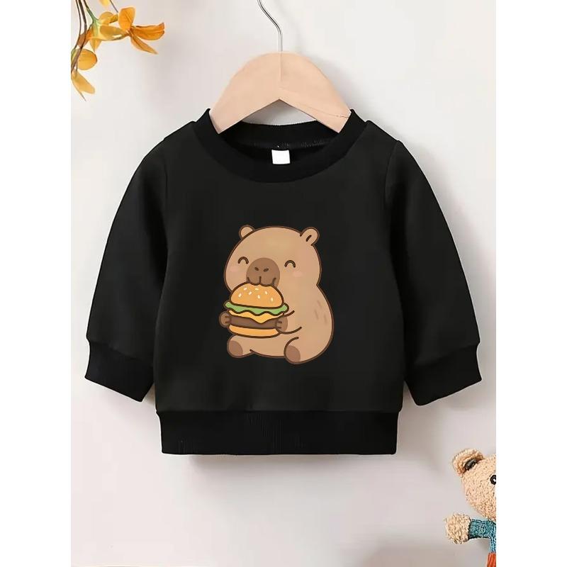 European Sizes Cute Cartoon Bear Burger Print  Kid Spring Thin Round Neck Sweatshirt 0-3 Years Comfortable Outdoor Outfit Choice