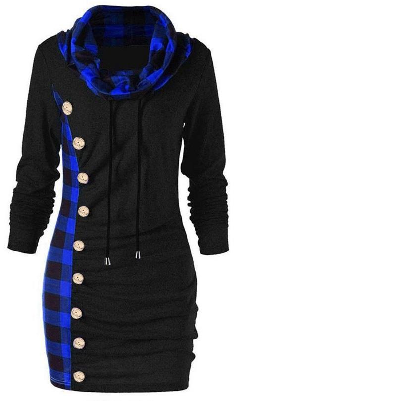 Женская мода клетчатая строчка пуговицы украшение сумка хип свитер XS синий 1739₽