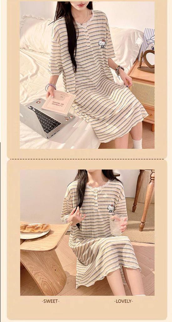 Women's Striped Short-Sleeve Loose Midi Dress – Fresh Summer Style, Versatile for Outdoors or as Pajamas, Ideal for Students