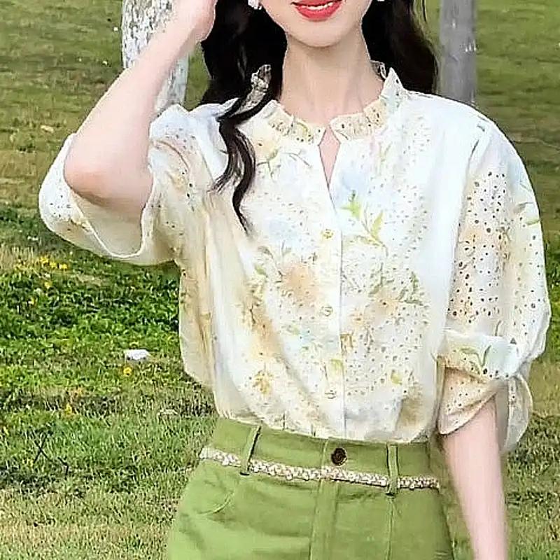 Women's Loose Fit Floral Print Blouse with Ruffle Neck and Eyelet Detail Casual 3/4 Puff Sleeve Top
