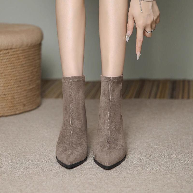 Women's Genuine Leather Suede Chunky Heel Ankle Boots - Pointed Toe, Slimming Design, 2025 Autumn/Winter Collection