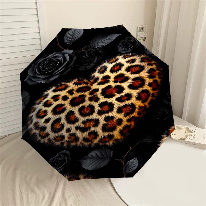 

1pc Leopard Print Heart Automatic Open/Close Umbrella Compact Folding Umbrella with 8-Rib Shaft for Women/Men, Elegant Birthday1138S