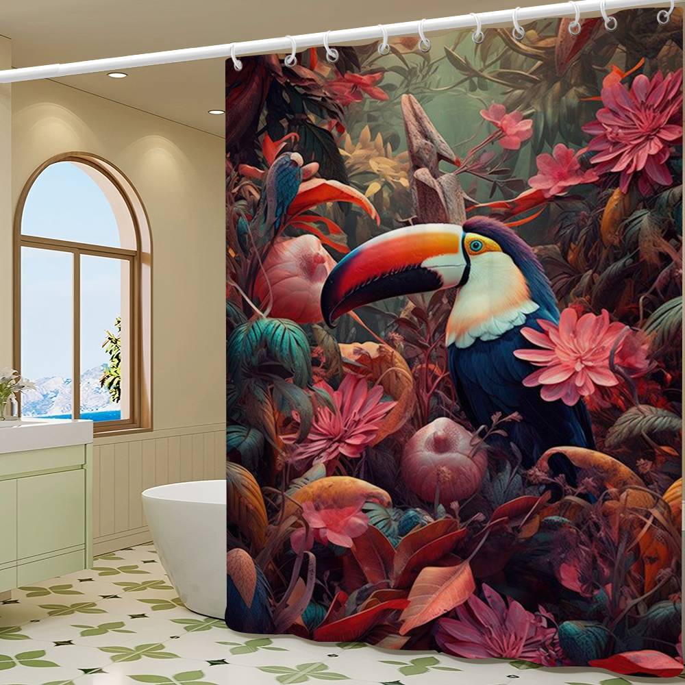 Vintage Birds In Jungle Flowers Canvas Painting Simple Bathroom Shower Curtain Partition Dry Can Be Scrubable Light Opaque Bath
