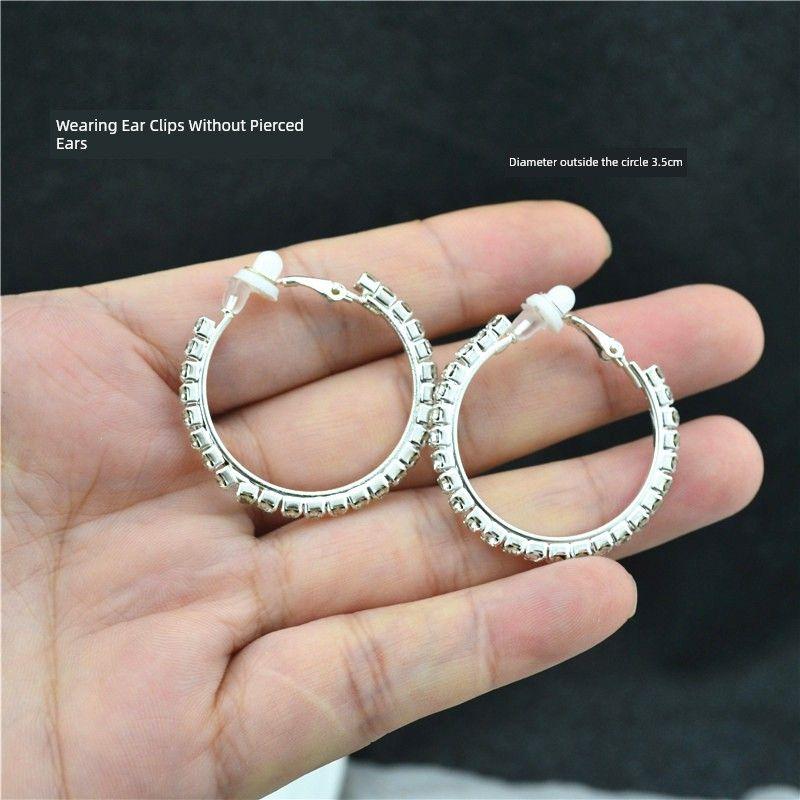 

European and American Shining Exaggerated Large Circle Non-Piercing Ear Clip Rhinestone Rhinestone Hoop 3.5cm Silver Ear Clips Pair
