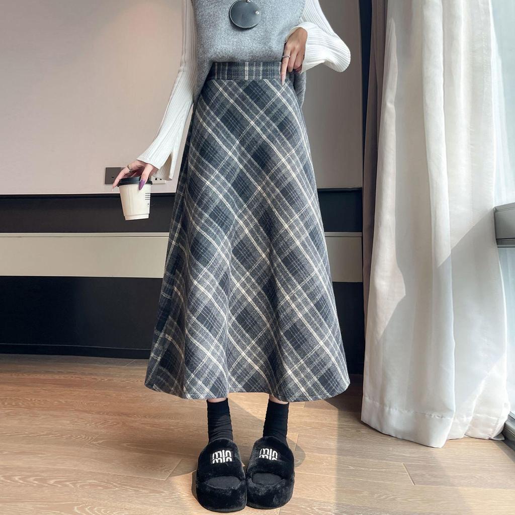Women's High Waist Wool Plaid A-Line Skirt - Slimming, Mid-Length, Retro Style for Autumn/Winter