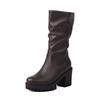 FOREADA Women Mid Calf Boots Round Toe Chunky High Heels Pleated Platform Concise Ladies Fashion Shoes Winter Black Brown 43