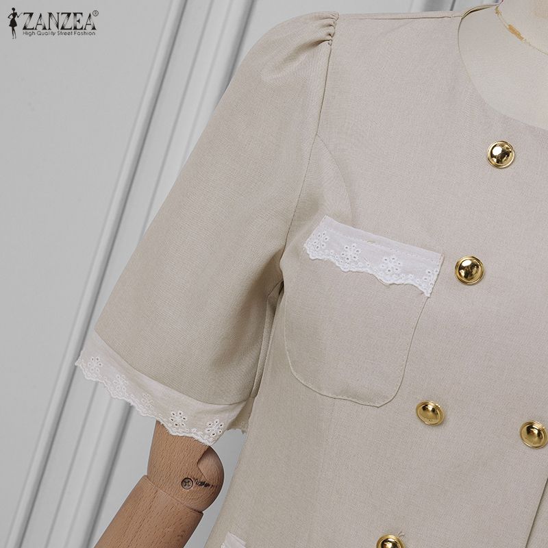 ZANZEA Women Casual Round Neck Short Sleeve Elegant Pleated Dress