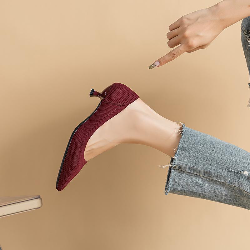 Spring and Autumn Women's Large Shoes High Heels Solid Color Knitted Breathable Rubber Non Slip Sole Latex Insole Work Shoe