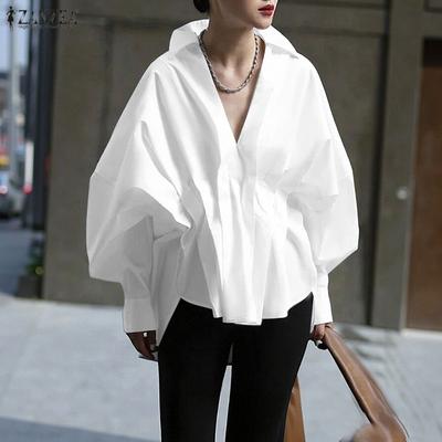 Camicia da donna casual con collo a revers, maniche lunghe, ampia, con pieghe irregolari