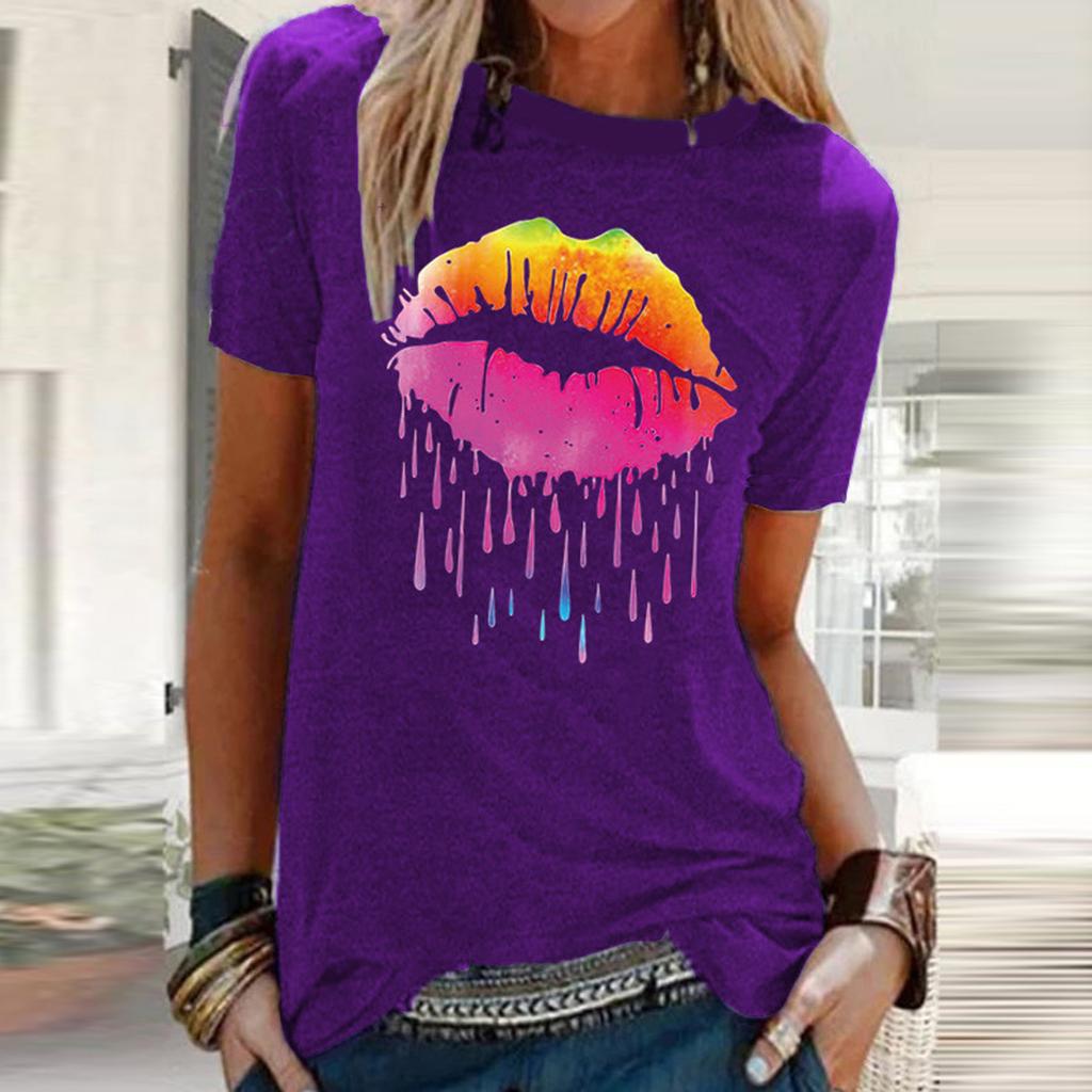 Fashion Women Colorful Lip Print Short Sleeve Casual T-Shirt Blouses Tops