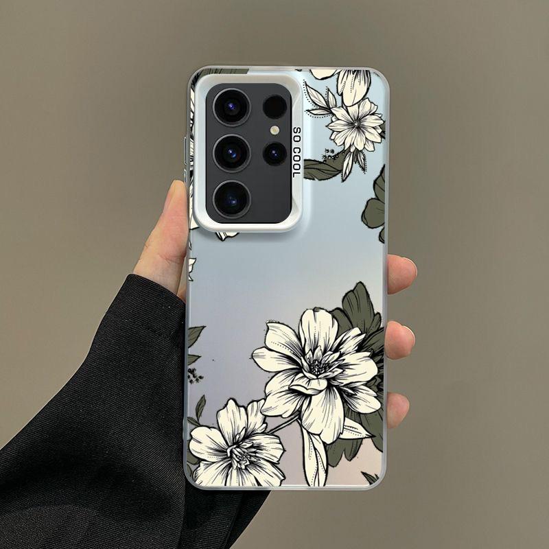 Phone Case For Samsung A56 A36 A26 A24 A16 A14 A12 A32 A50 A70 A22 A30 A34 A54 A52 5G A06 4G Silver Plated IMD Cover Flower