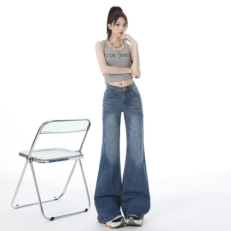 Retro Blue Low-rise Slightly Pulled Jeans Women's Summer New American Style Non-stick Leg Elastic Thin Flared Pants