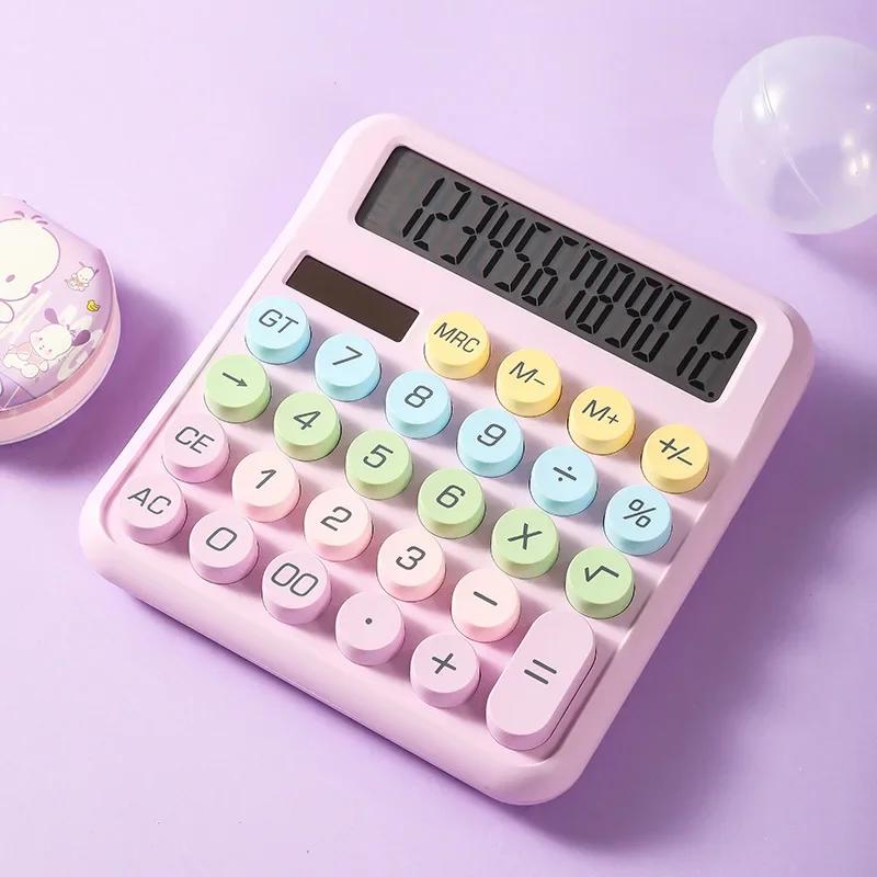 Mechanical Calculator 12 Digit Large LCD Display Big Round Button Cute Candy Colored Calculator Suitable for Office School