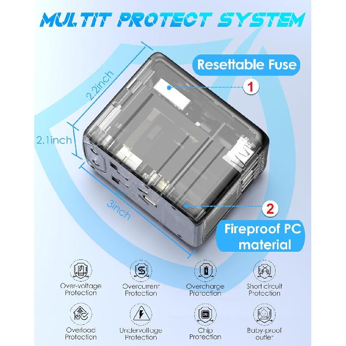 Universal Travel Adapter 35W PD Fast Charging Offers 3X2.4A USB-A Ports, 2X USB-C Ports and Multi AC Outlet, International Plug Converter Worldwide